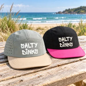Salty Dinks 5-Panel Retro Surf Cap โ Pistachio and Black/Pink โ coastal product display