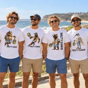 Salty Dinks Animal on court tee โ Mens shown in a coastal lifestyle setting