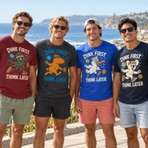 Four men wearing Salty Dinks Dink First Think Later performance tees in maroon, charcoal, blue and navy, standing at a beach lookout