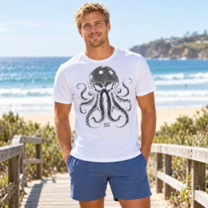 Salty Dinks Kraken Performance Tee โ Mens shown in a coastal lifestyle setting