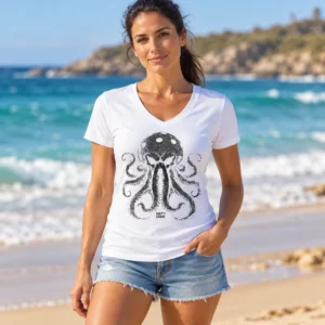 Salty Dinks Kraken Performance Tee โ Womens shown in a coastal lifestyle setting