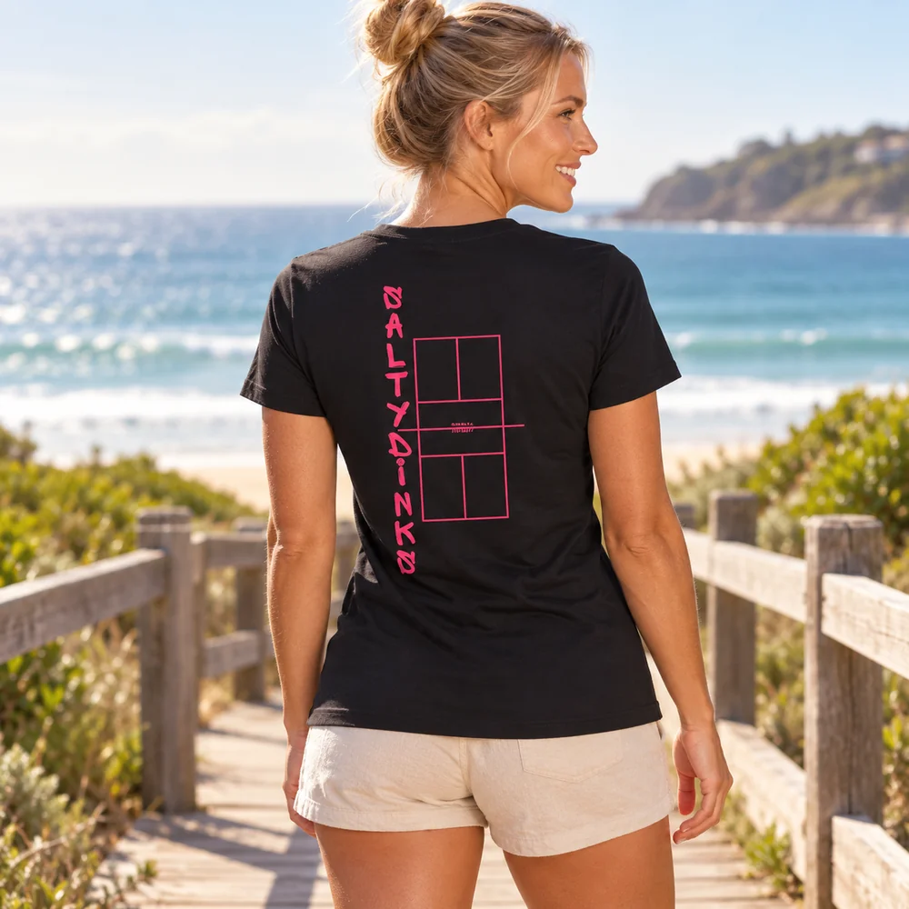 Salty Dinks Performance court Tee โ Womens shown in a coastal lifestyle setting