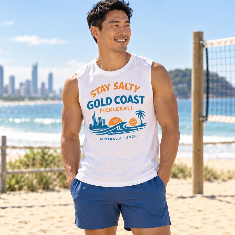 Salty Dinks SD GC Performance Tank โ Mens shown in a coastal lifestyle setting