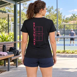 Performance court Tee – Womens — Black/Pink — back view on model