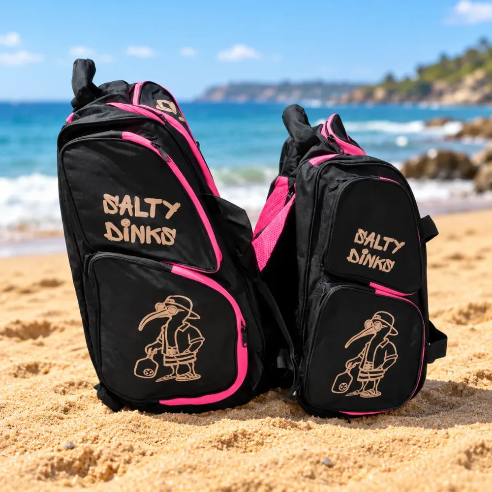 Salty Dinks Pickleball Bags in Black Widow black and pink, Pro and Session sizes, front view on the beach