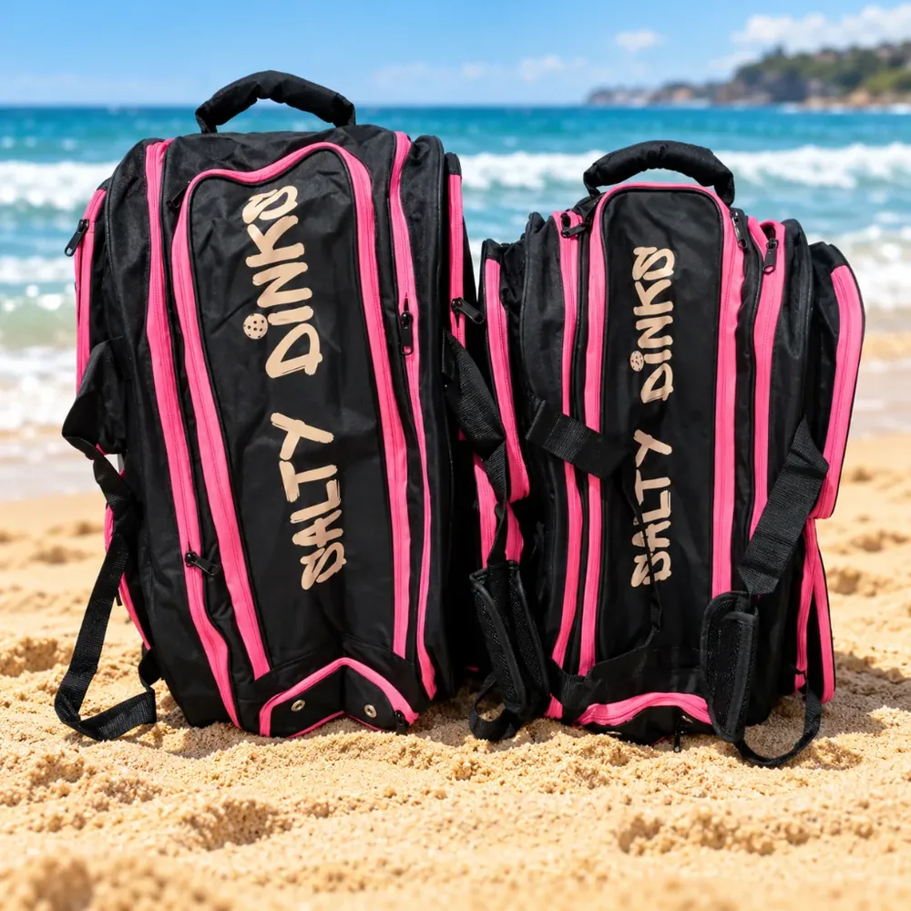 Salty Dinks Pickleball Bags in Black Widow black and pink, Pro and Session sizes, side panel view