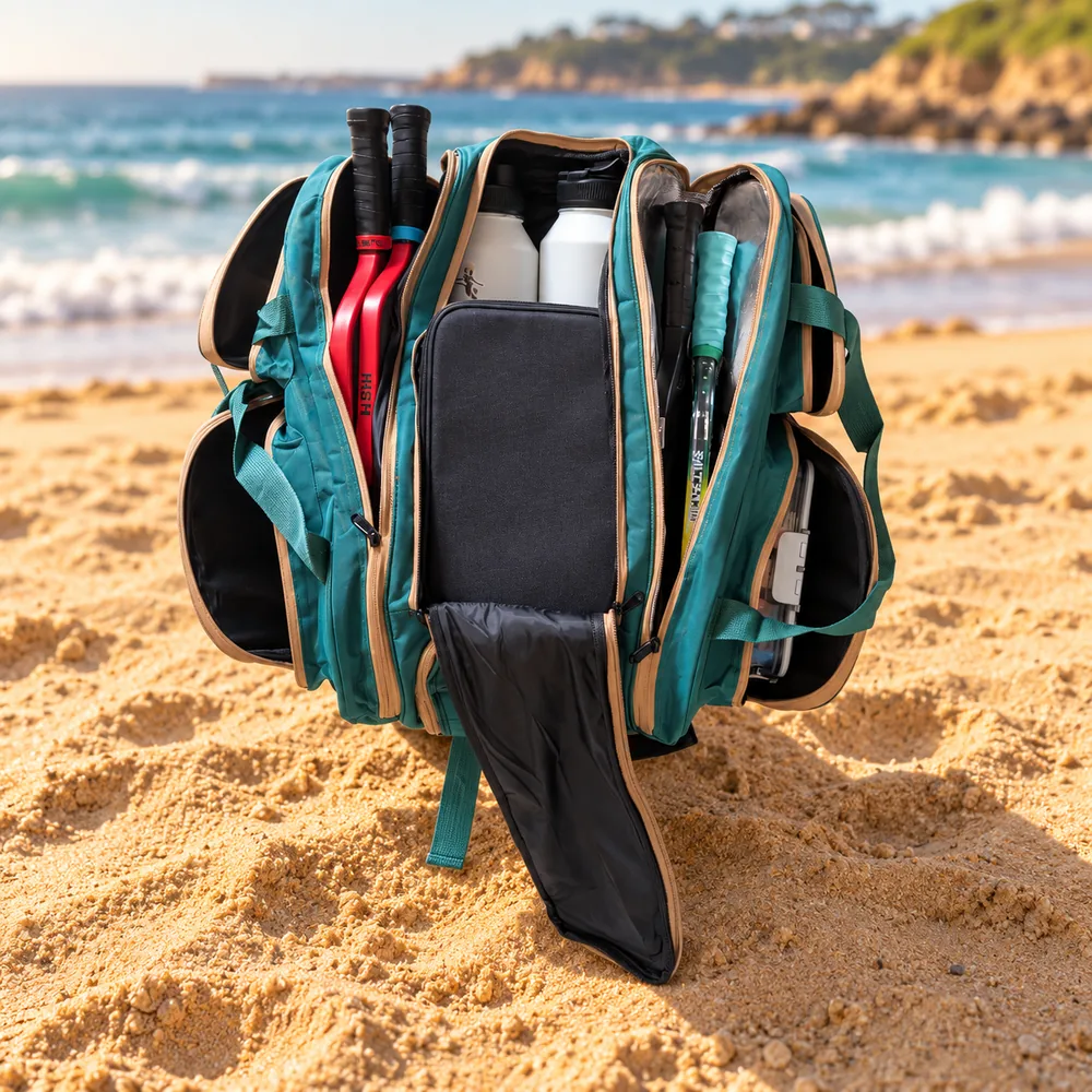 Salty Dinks Pickleball Bag open showing paddles and accessories