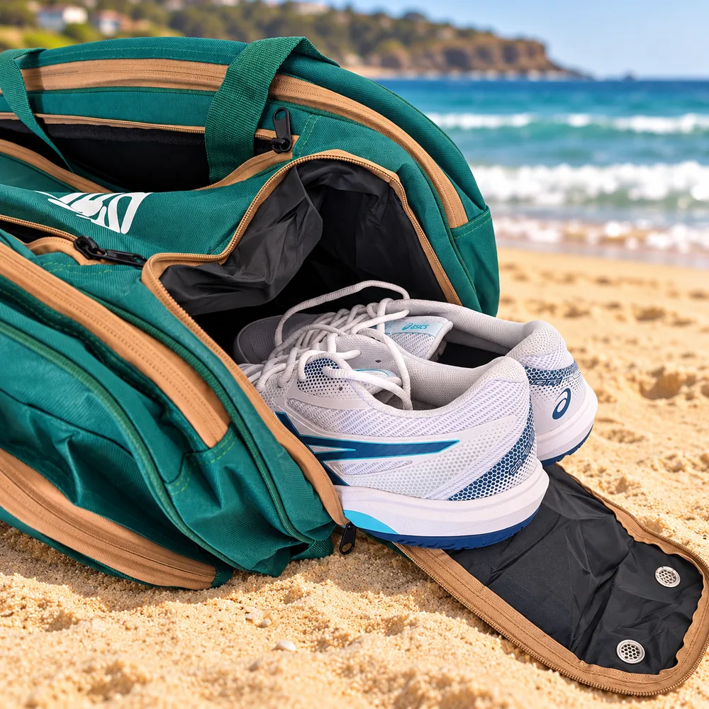 Salty Dinks Pickleball Bag open showing the shoe compartment