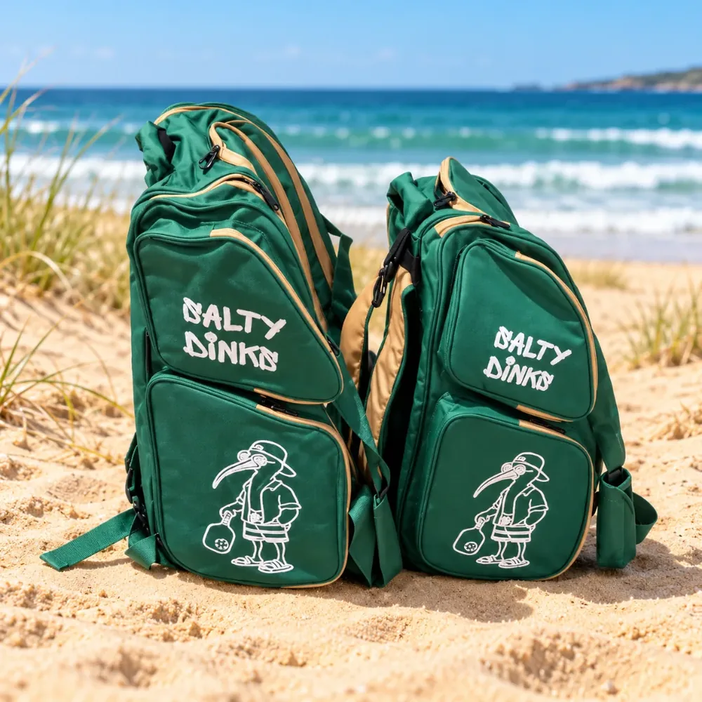 Salty Dinks Pickleball Bags in Salty Croc green and tan, Pro and Session sizes, front view on the beach