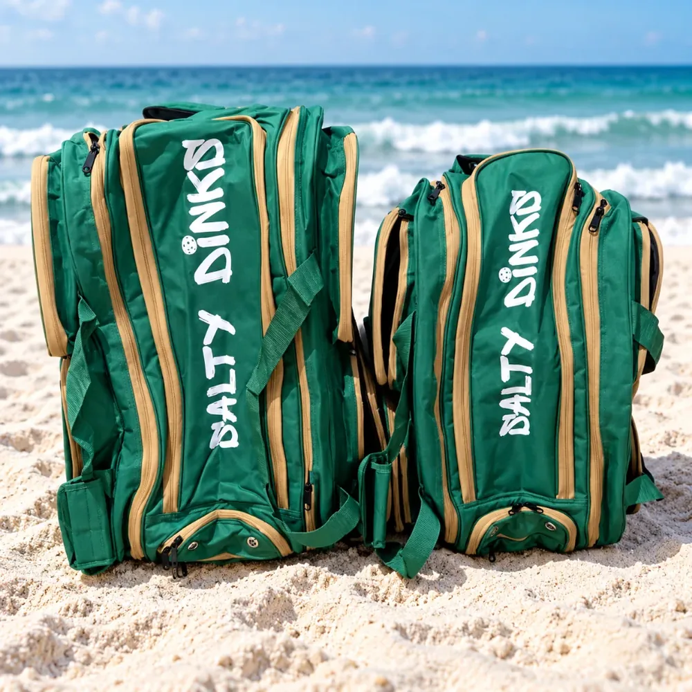 Salty Dinks Pickleball Bags in Salty Croc green and tan, Pro and Session sizes, side panel view